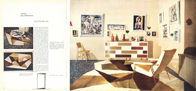Gio Ponti’s exhibition ‘Accanto all’architettura’ at the Galleria del Sole, Milan, 1955. 'Gambe' (Lot 14) is hung top right. Image: Archivio Domus - © Editoriale Domus S.p.A.